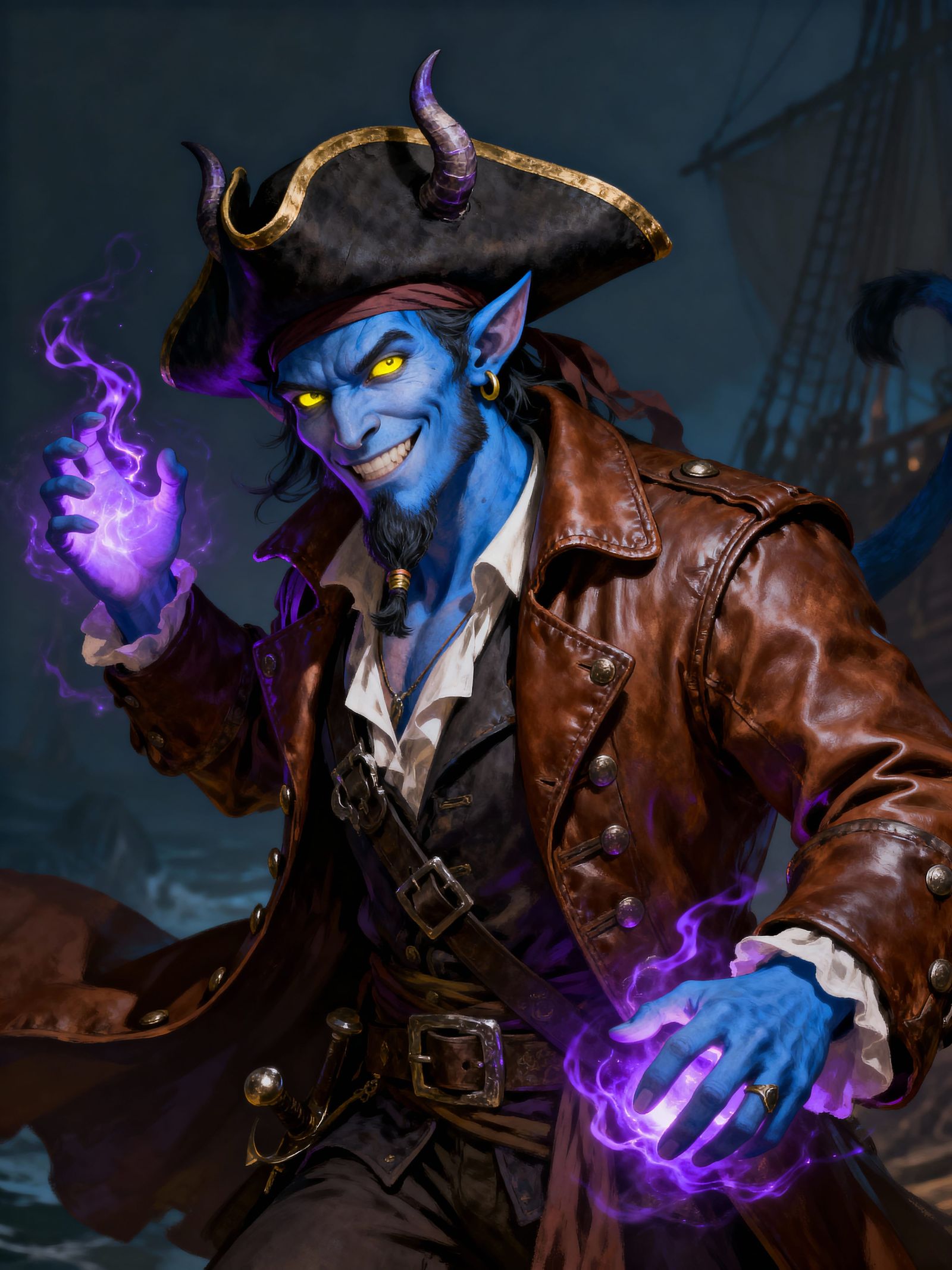 Blue Tiefling Pirate with Purple Magic