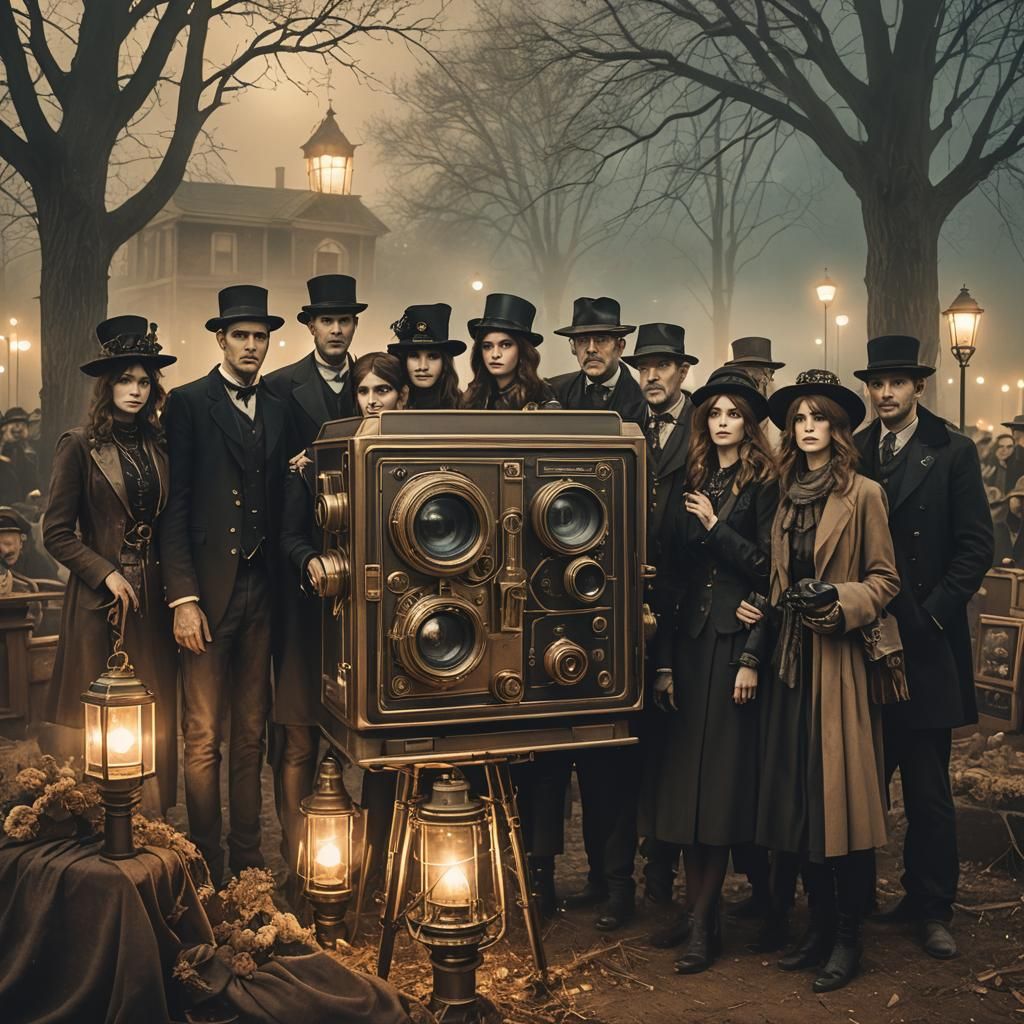 Steampunk Funeral: Mourners Around Giant Polaroid Camera
