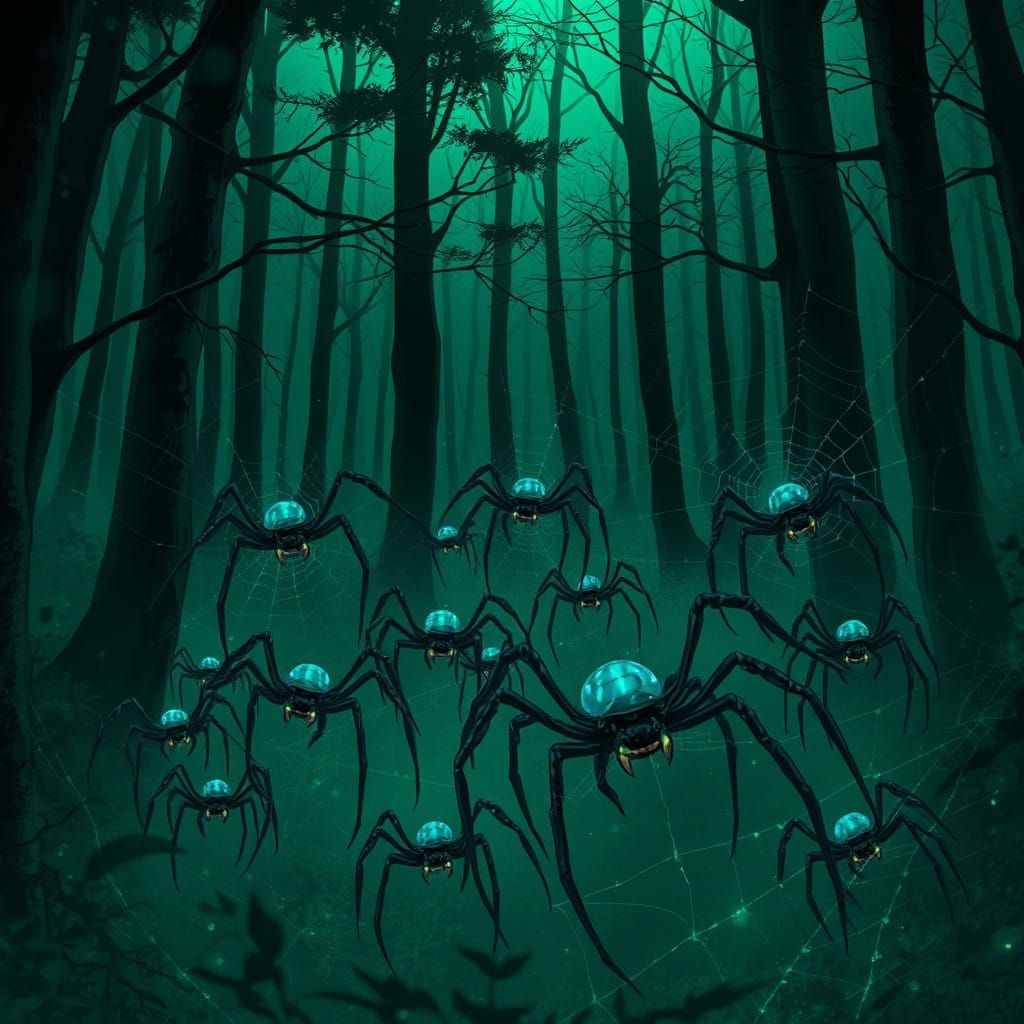 Glowing Emerald Forest with Anime Spiders