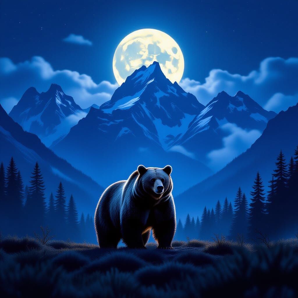 Grizzly Bear Silhouette Under Moonlight: Hyperrealistic Moun...