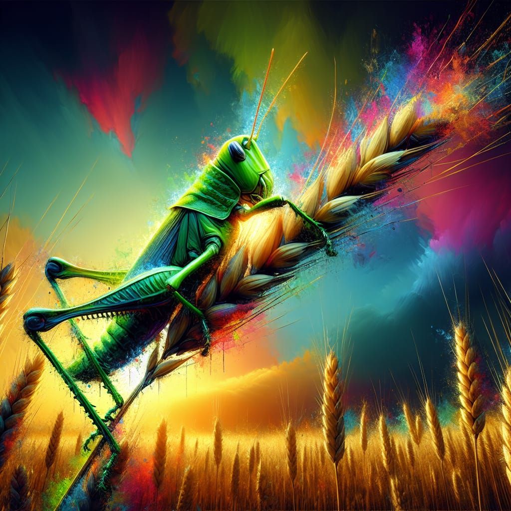 Green Grasshopper on Wheat Stalk: Hyperrealistic Splash Art