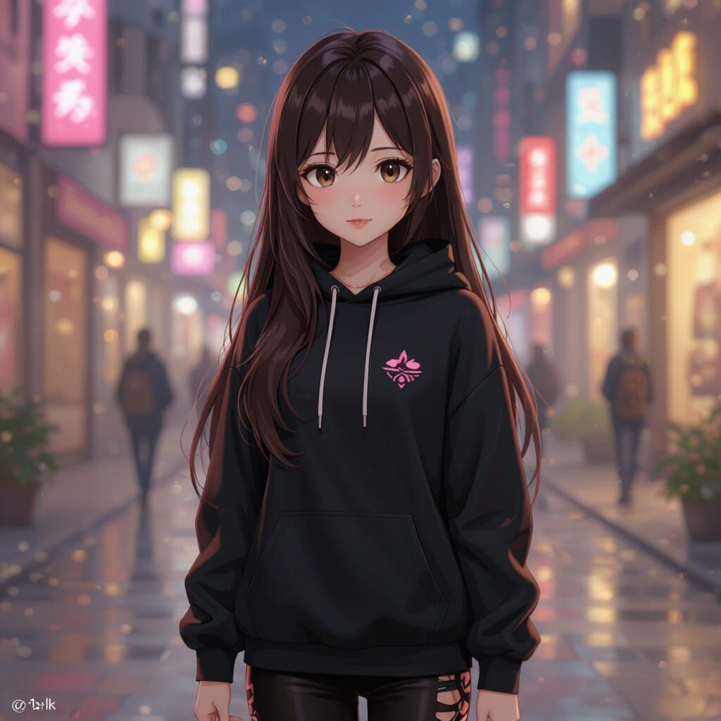 Anime Girl in Black Hoodie, 3D Art Style