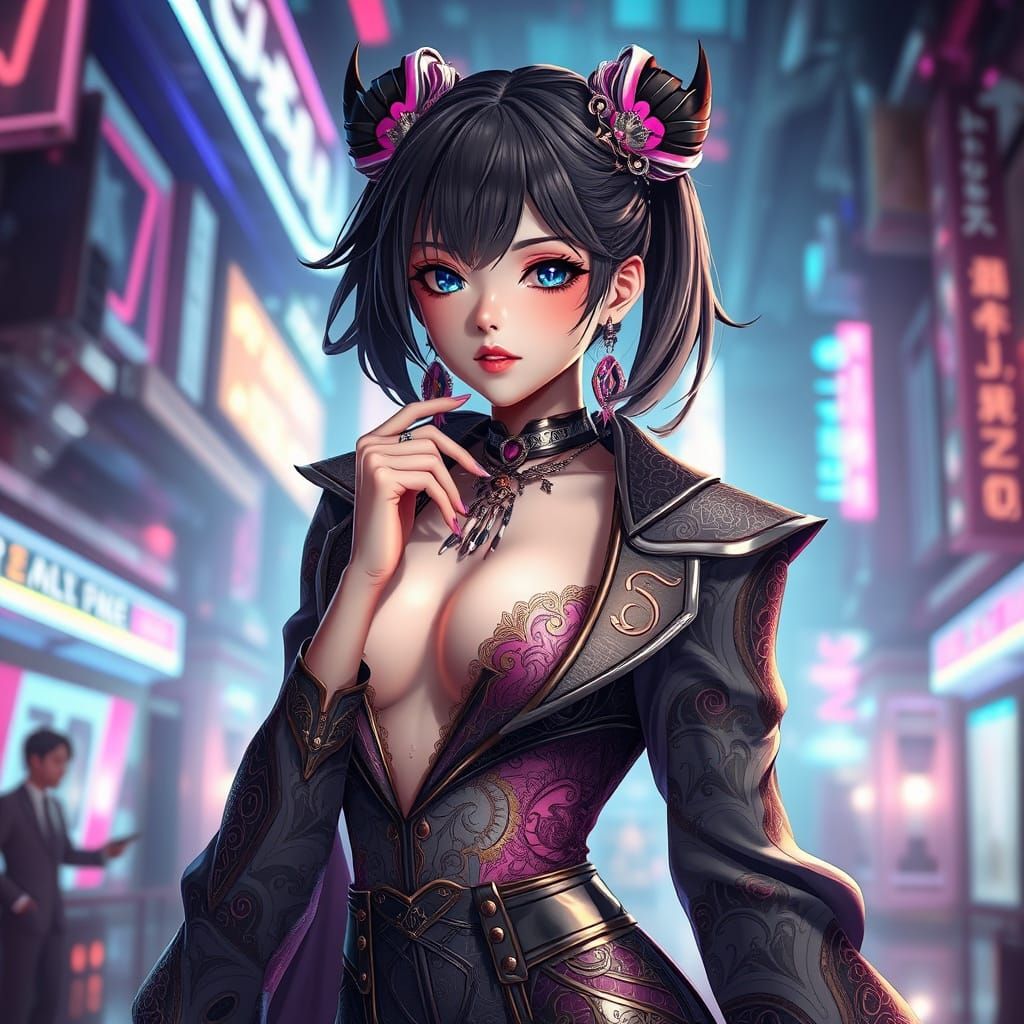 Elegant Cyberpunk Anime Character in Elaborate Futuristic At...