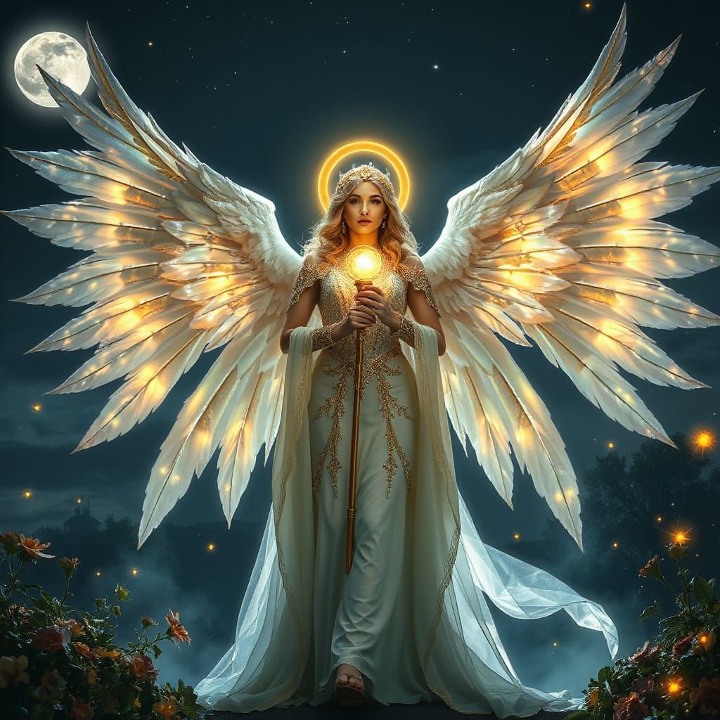 Celestial Angel Queen in Moonlit Temple Garden