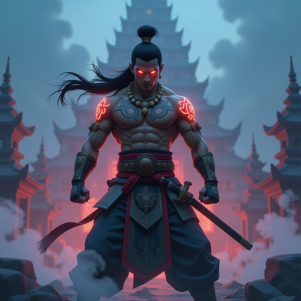 Muay Thai Warrior on Ziggurat in Anime Style