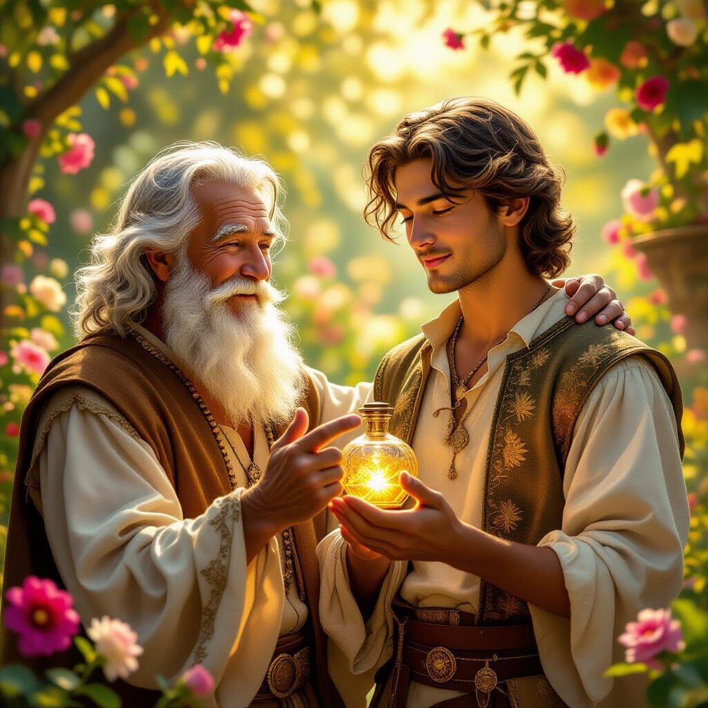 Renaissance Portrait: Poet and Youth in Sunlit Garden