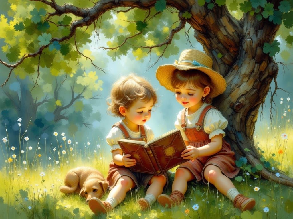 Children Reading Under Oak Tree as Impressionist Painting