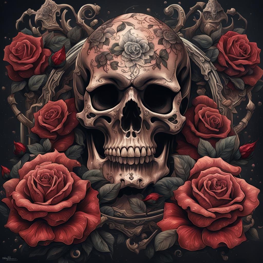 Detailed Skull and Rose Tattoo Design