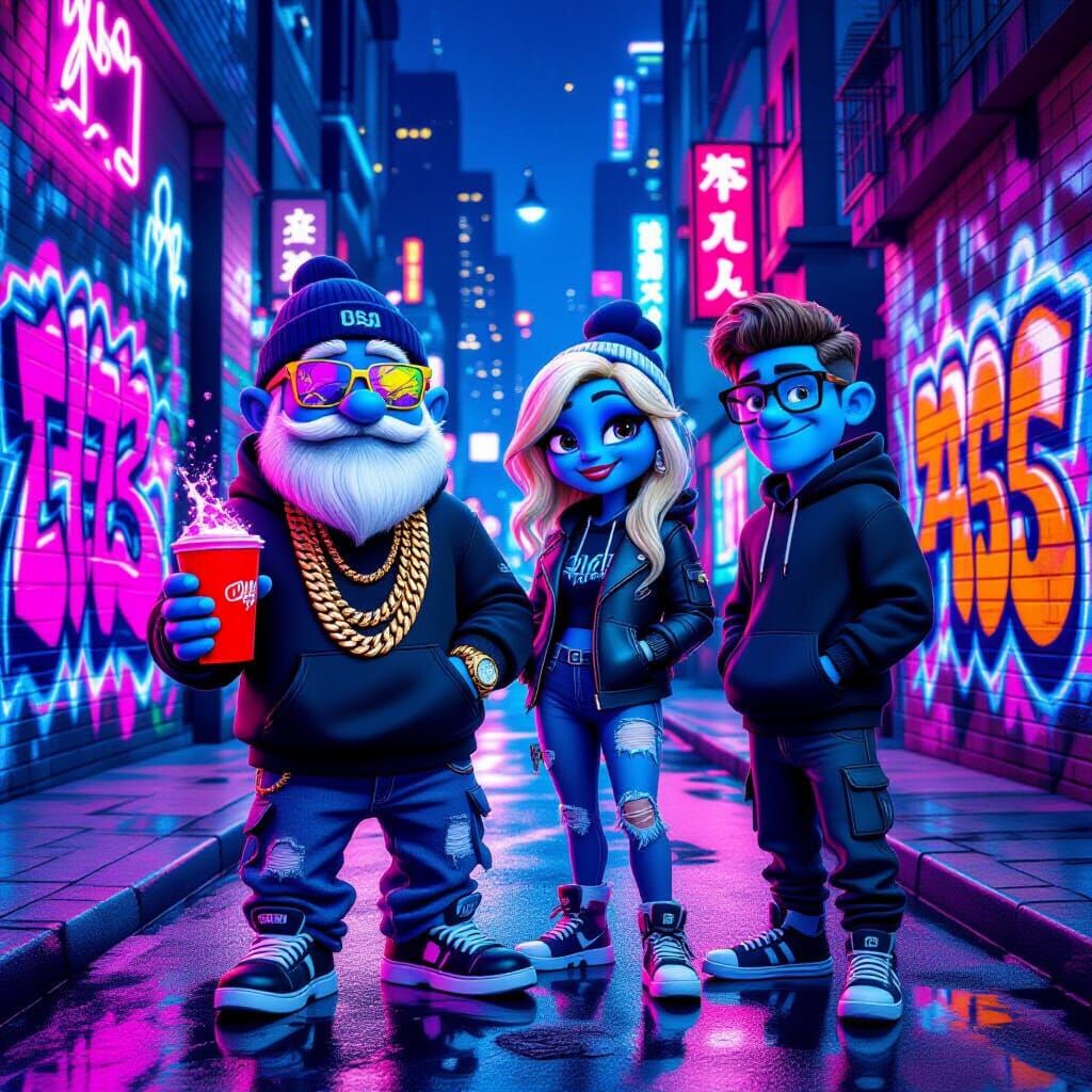 Pixar Cyberpunk Smurfs Movie Poster in Neon City