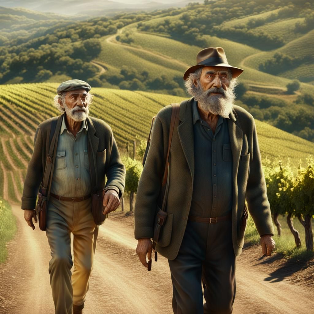 Italian Man and Boy Walk Through Vineyard