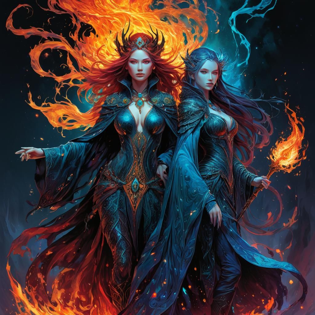 Celestial Fire and Ice Witches in Organic Style