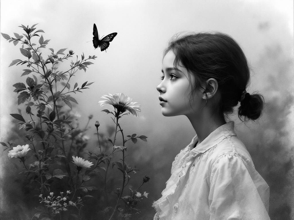 Monochromatic Portrait of a Girl and Butterfly