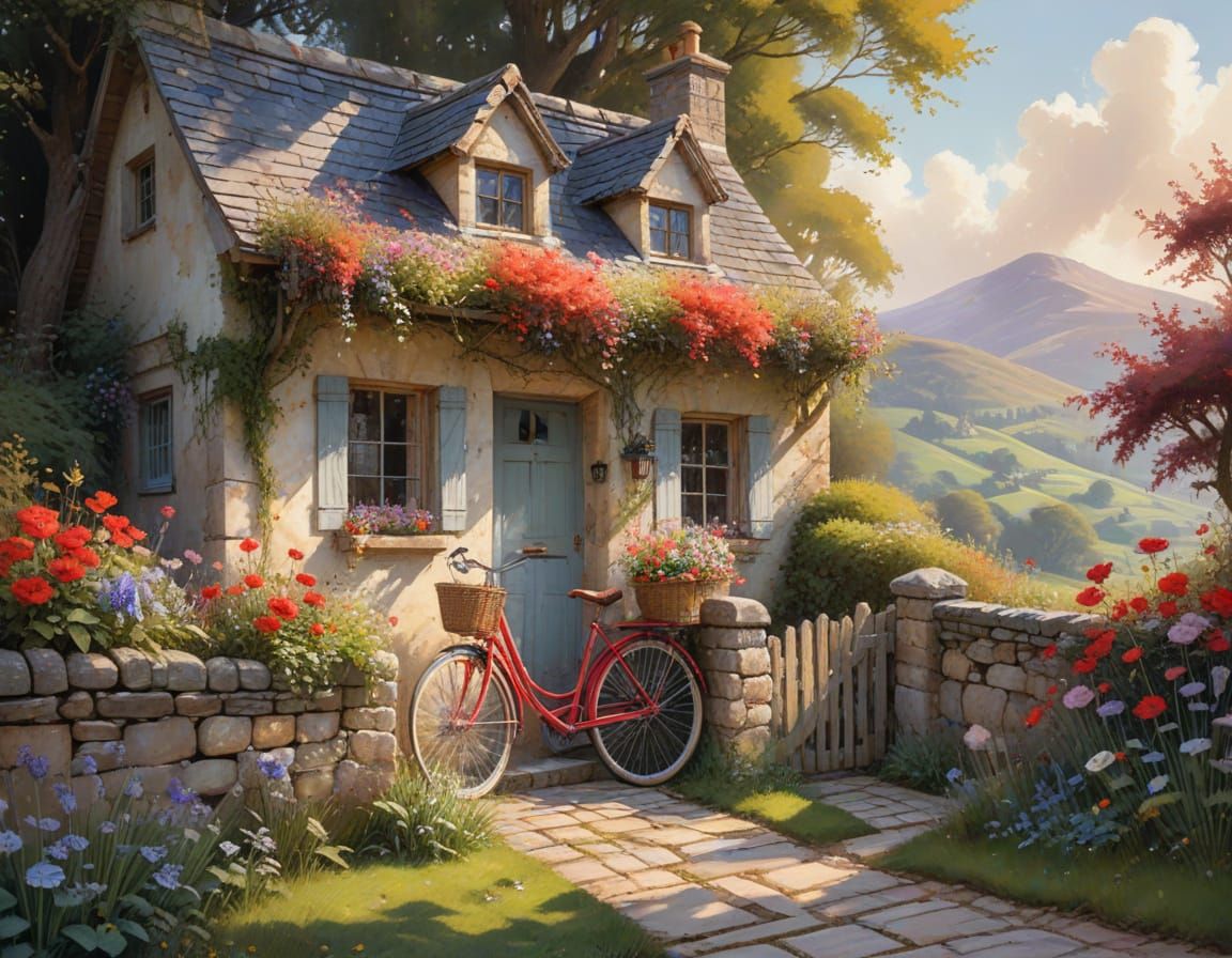 Whimsical Cottage Garden with Bicycle in Painterly Style