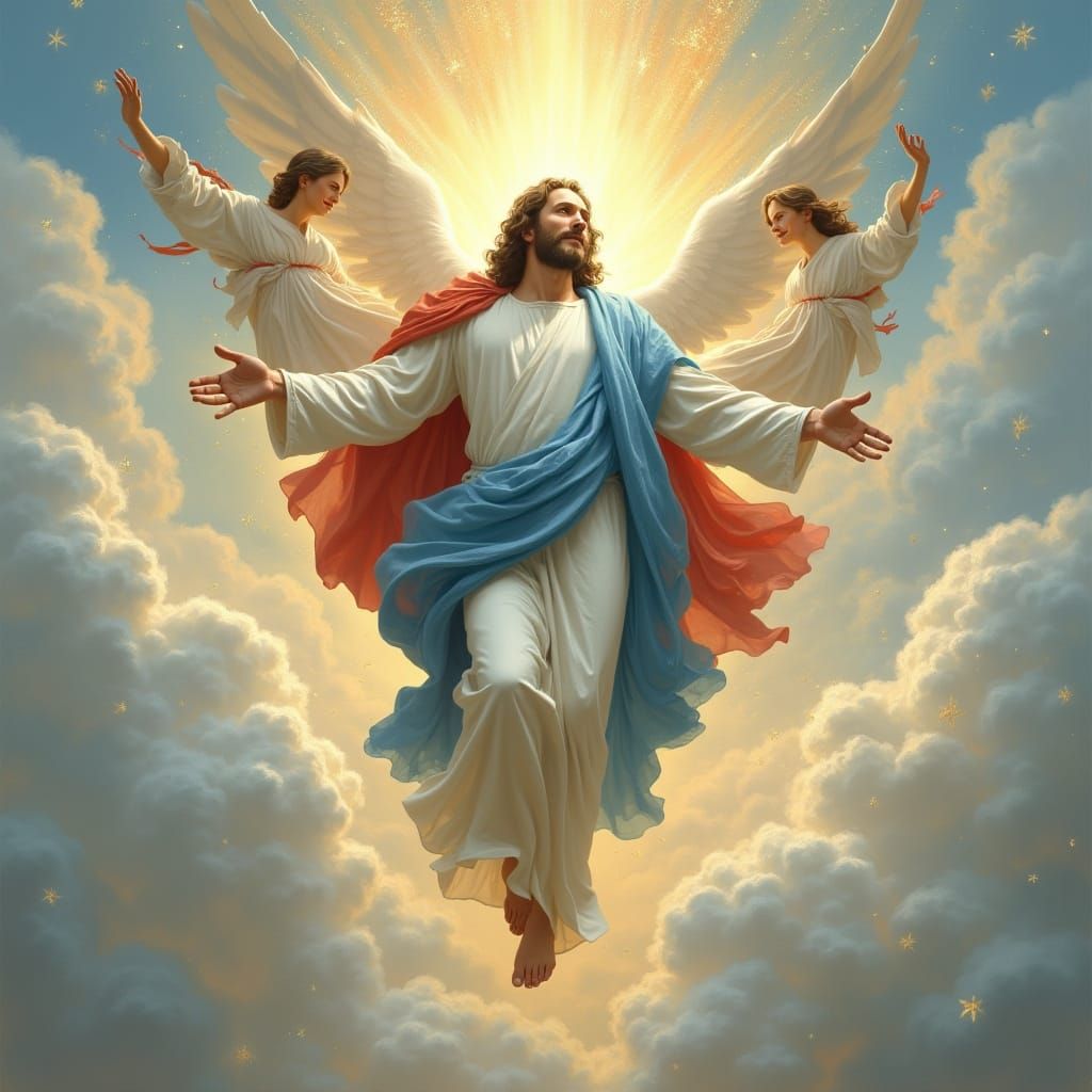 Jesus Christ in Ethereal Glory with Angels and Shining Mists