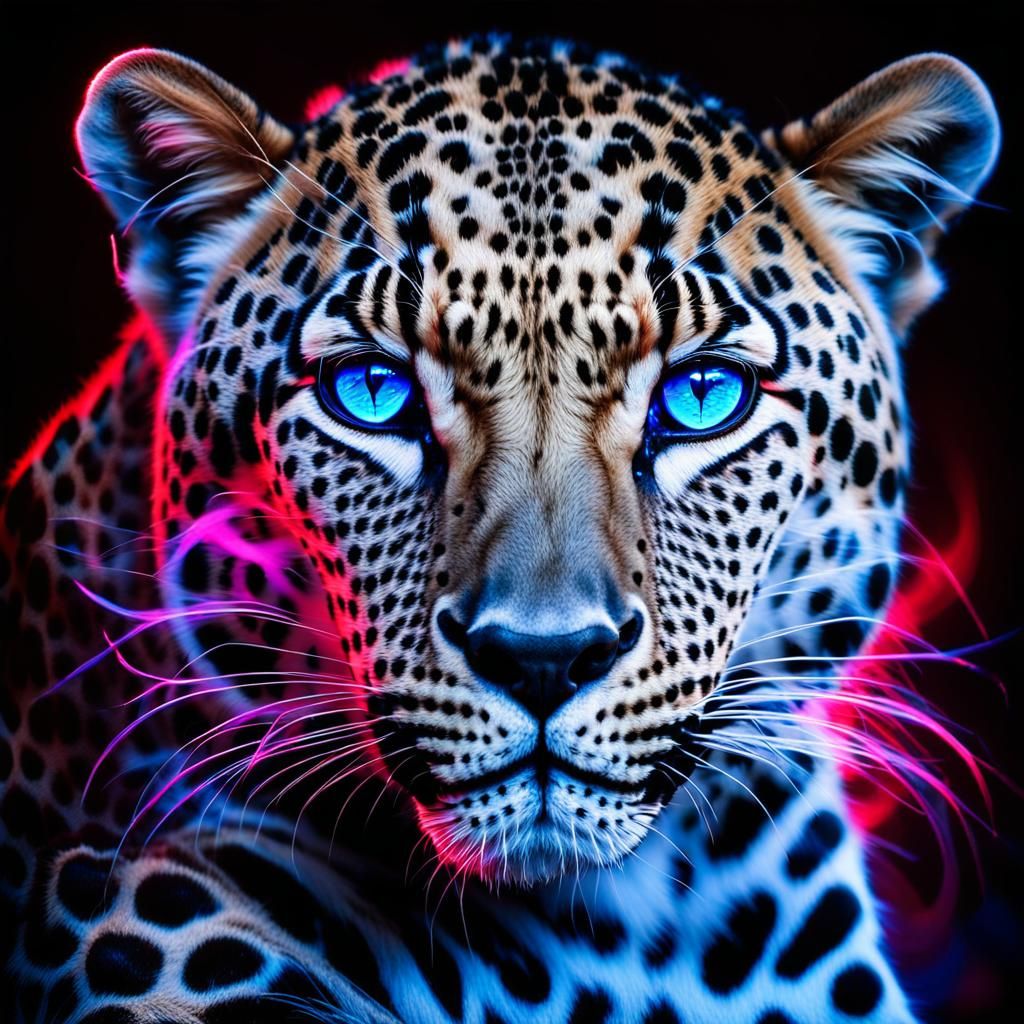 Leopard in Nocturnal Splendor with Radiant Neon Blue Eyes