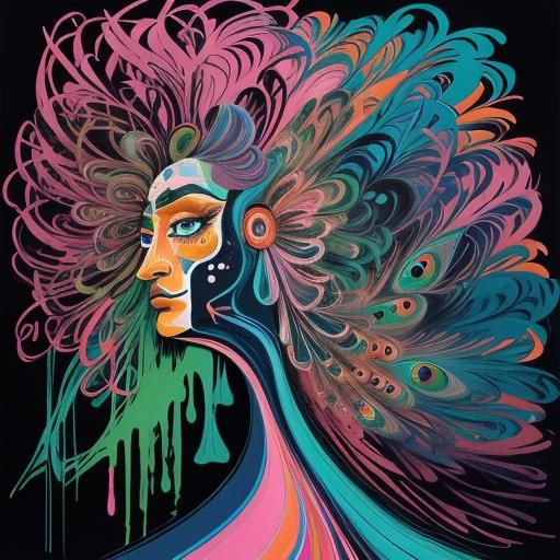 Abstract Woman with Peacock Feathers in Expressionist Style