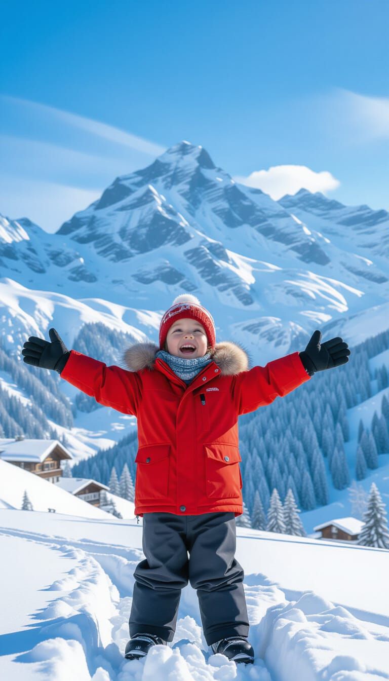 Joyful Child in Snowy Alps: Matte Painting