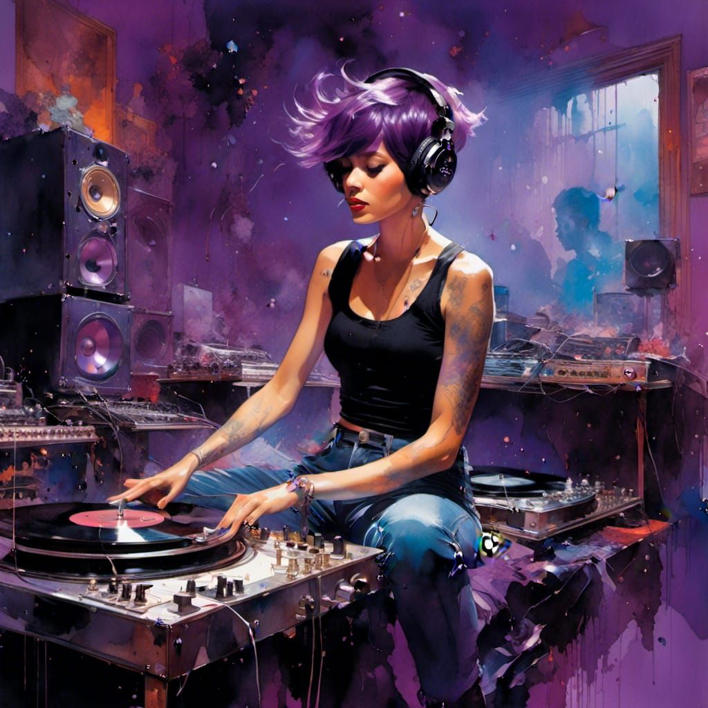 Girl with Purple Hair Rocking Out, Watercolor Ink Art