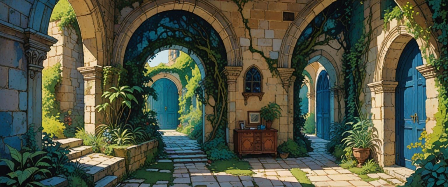 Fantasy Passageway with Arches in Watercolor Style