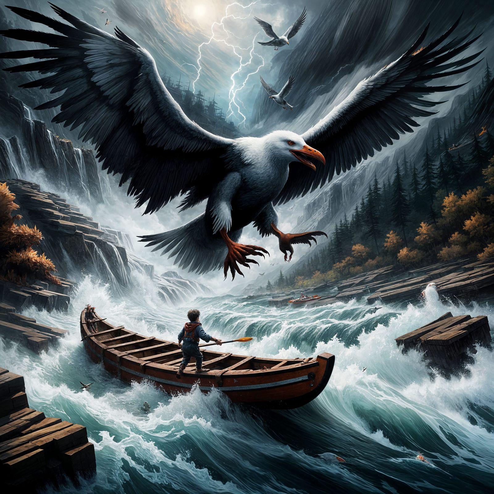 Menacing Demon Seagull Threatens Child on Raft