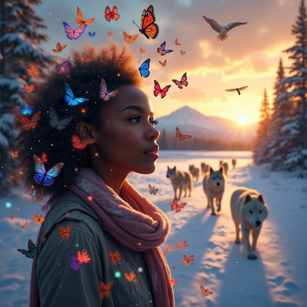 Black Woman With Rainbow Butterflies and Wildlife at Sunset