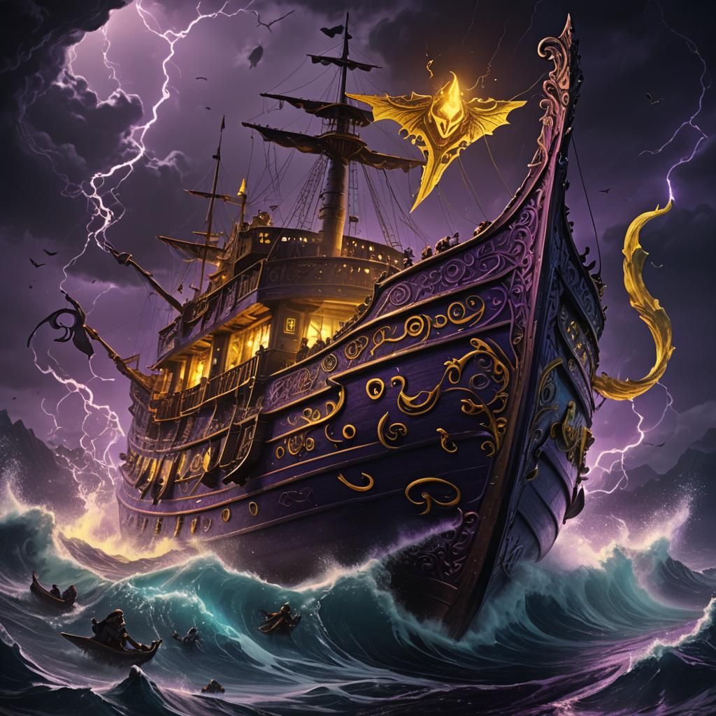 Fantasy Ship Amidst Storm with Magical Protection