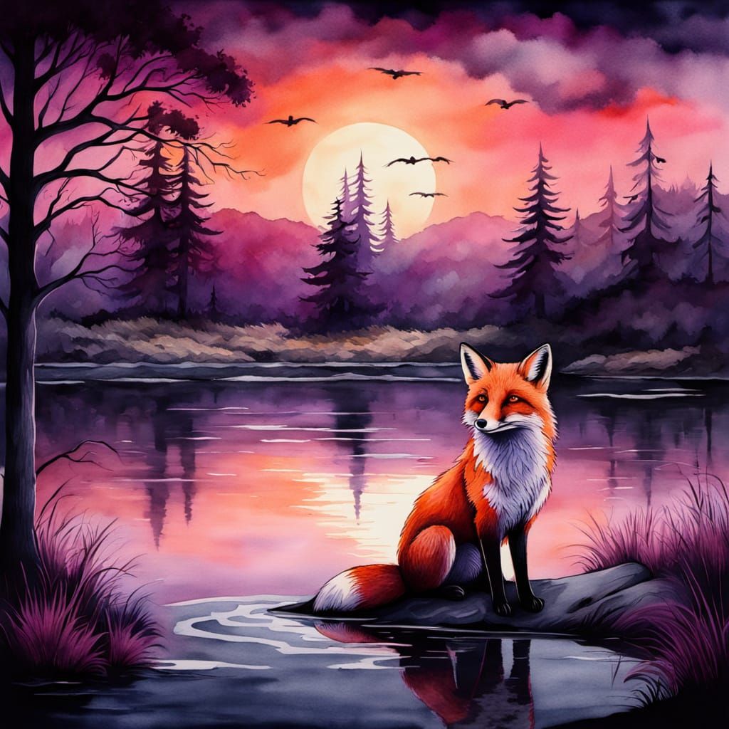 Surreal Fox by Lake at Sunset in Gothic Watercolor Style