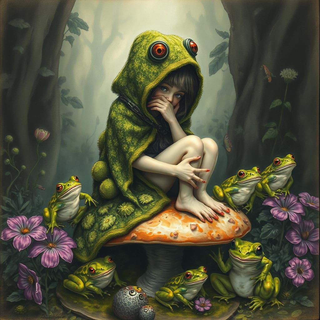 Frog Girl in Lush Greenery: Charcoal Drawing