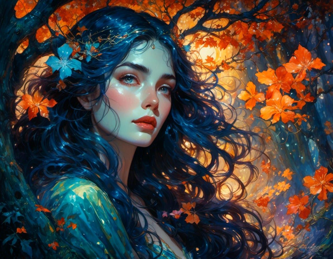 Elven Woman in Bioluminescent Forest Watercolor