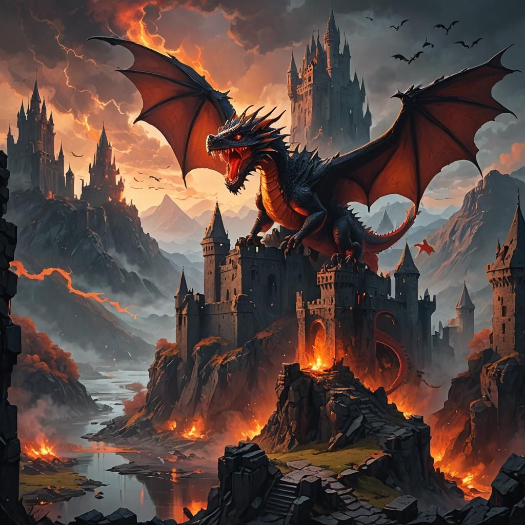 Fiery Dragon in Ruined Castle, Digital Concept Art