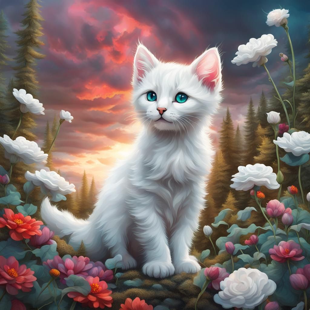 White Kitten in Stormy Magical Forest