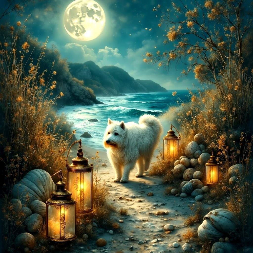 Bioluminescent Beach at Midnight with White Dog