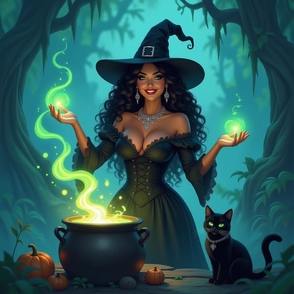 Witch Casting Spell Near Swamp Abode in Golden Hour Light