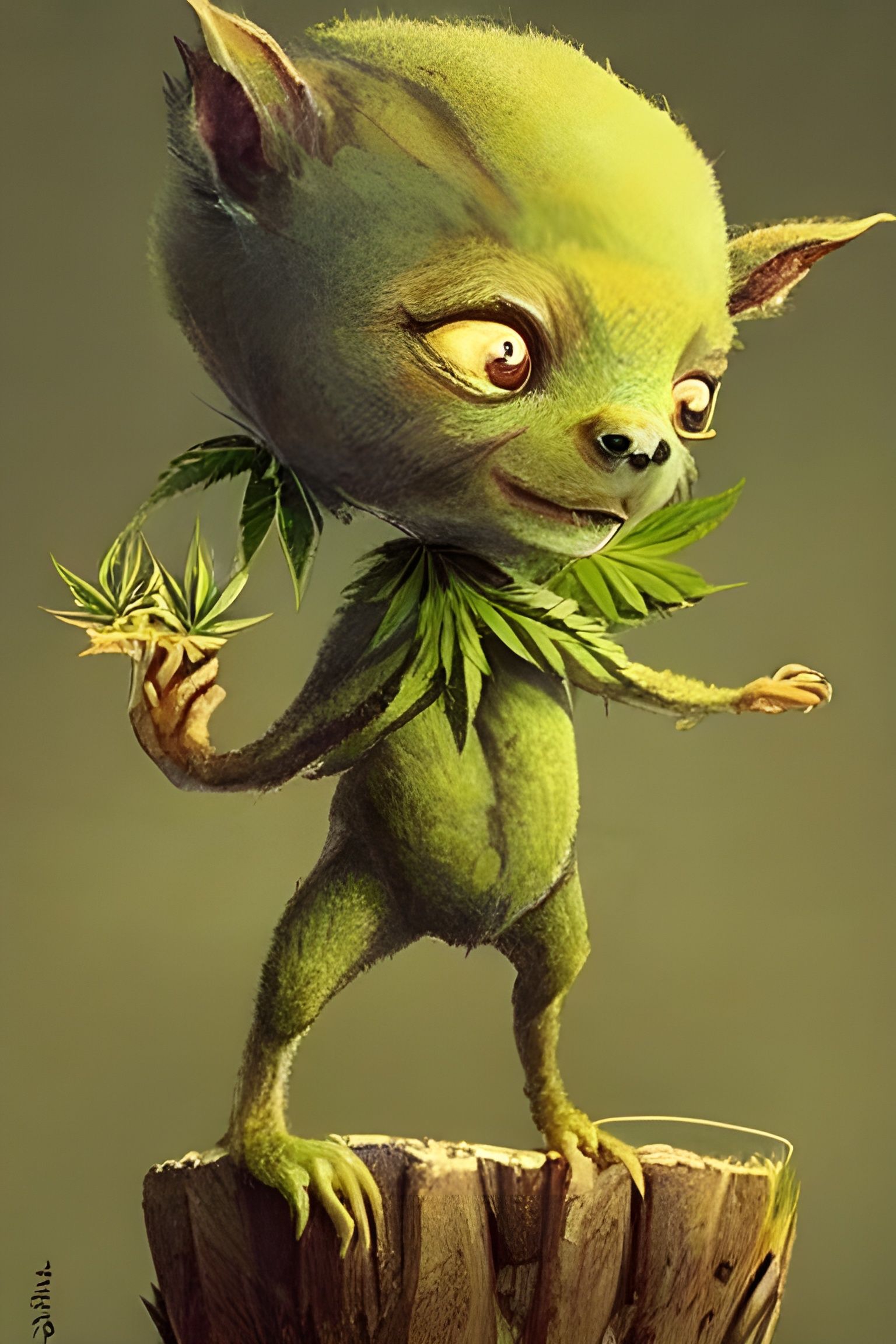 Cute Hemp Creature with Cannabis Bloom, Digital Art