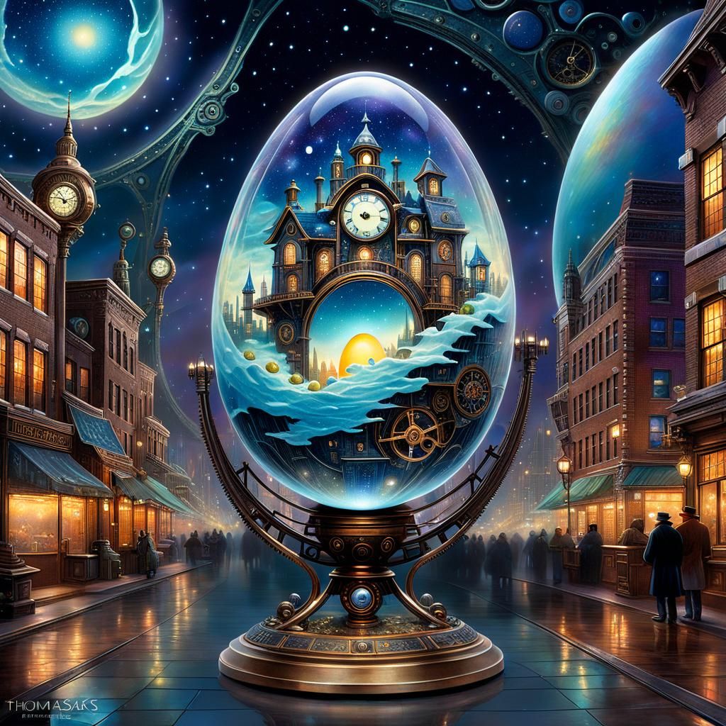 Steampunk Cityscape Inside Translucent Egg, Luminous Paintin...