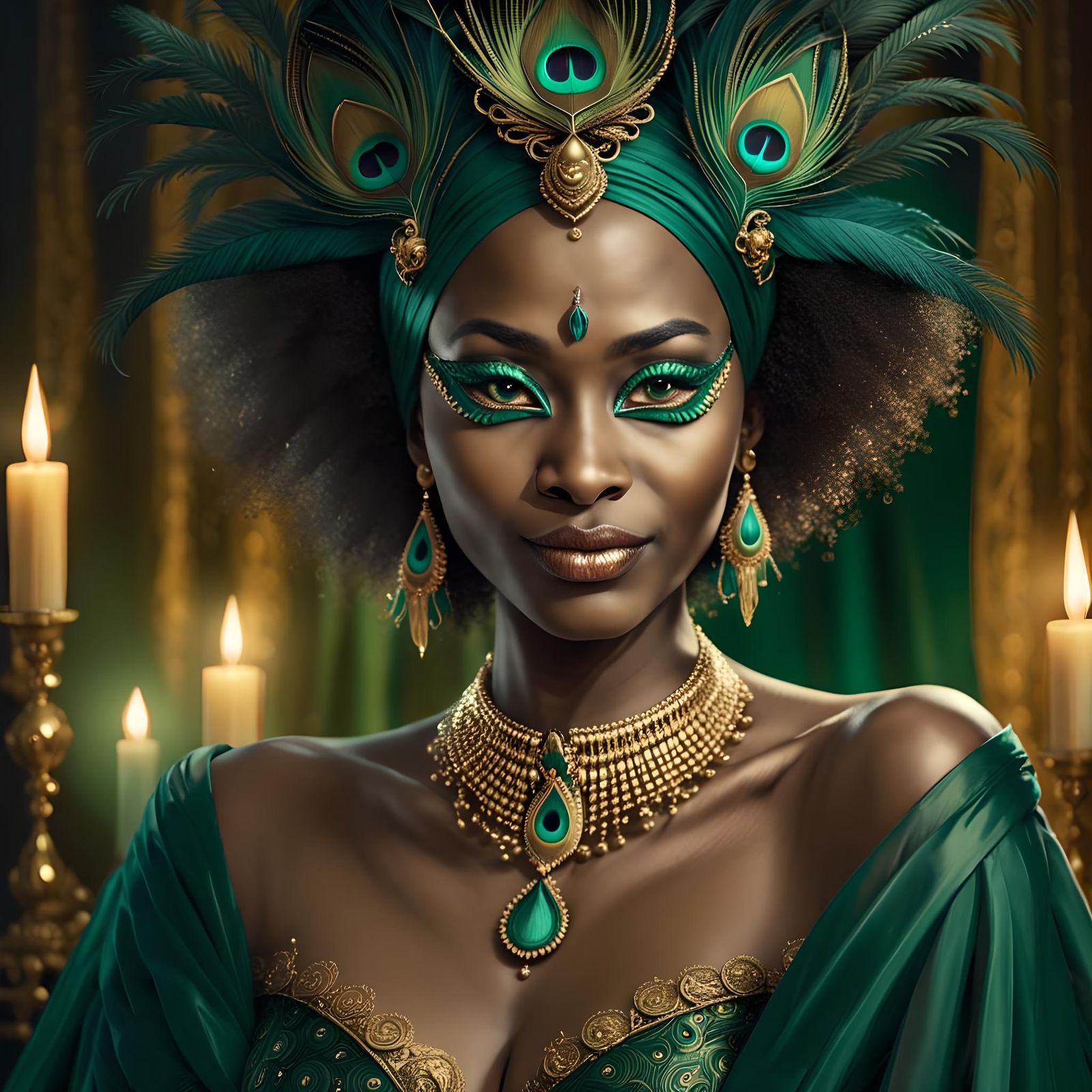 Attractive Woman in Green Venetian Mask, Detailed Matte Pain...
