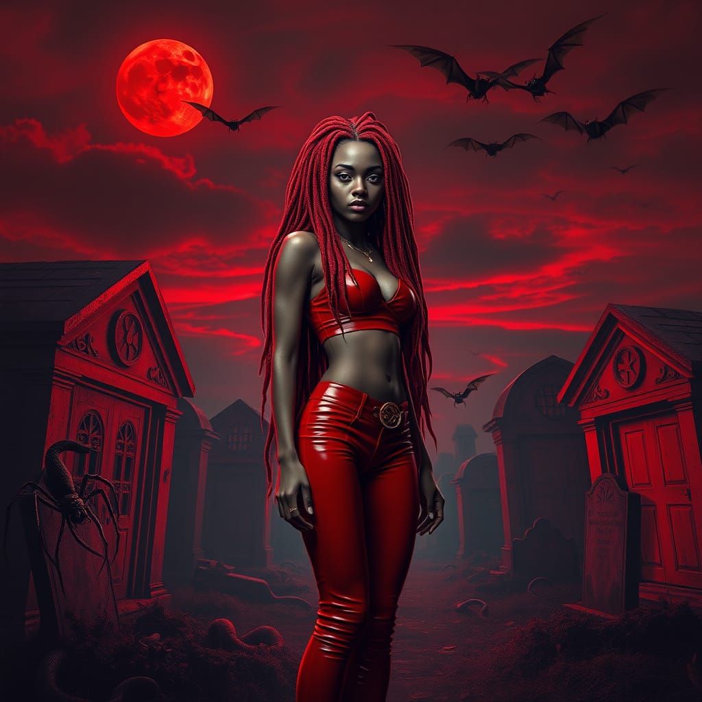 Gothic Goddess in Crimson Latex, Dark Cemetery