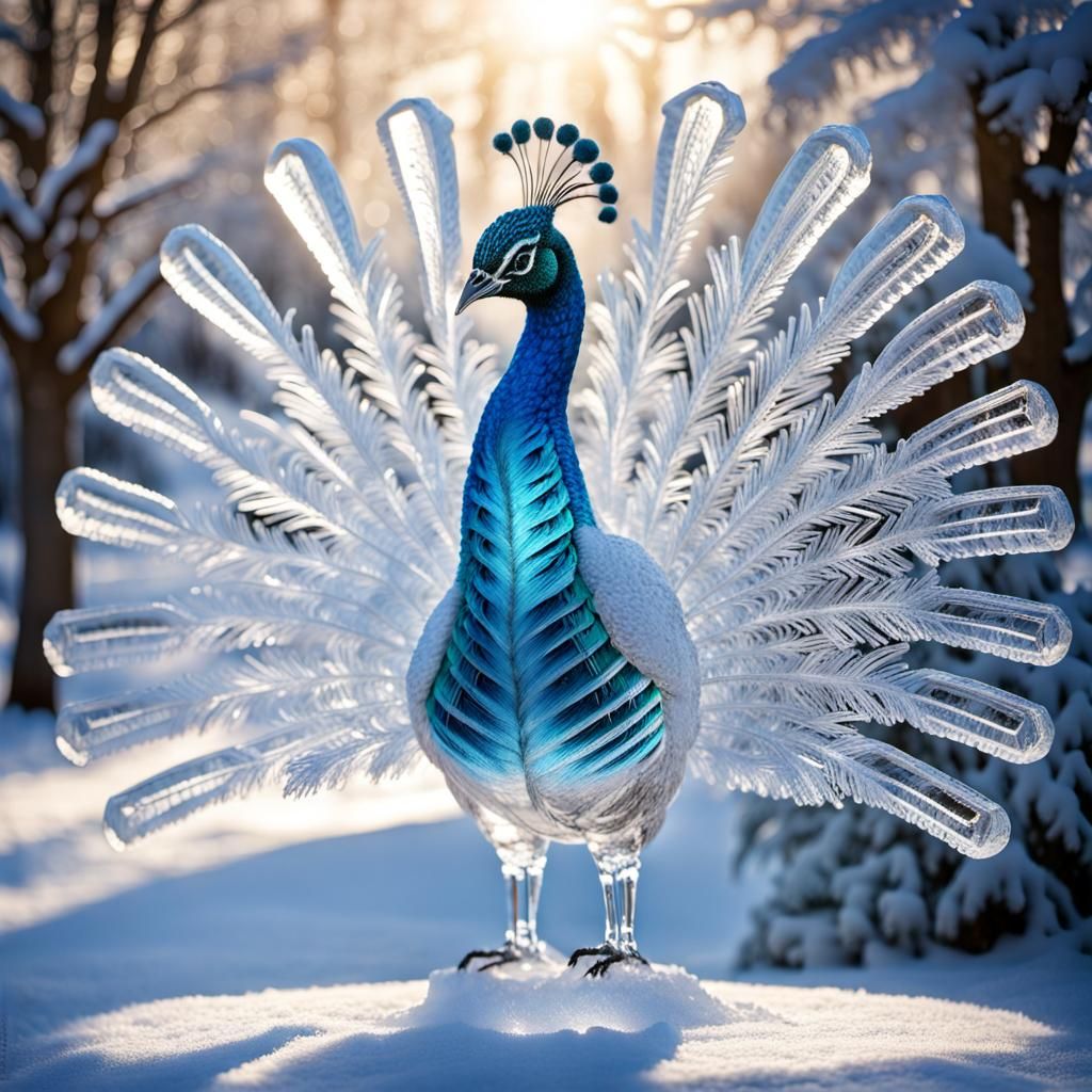 Intricate Ice Peacock Sculpture in Winter Landscape