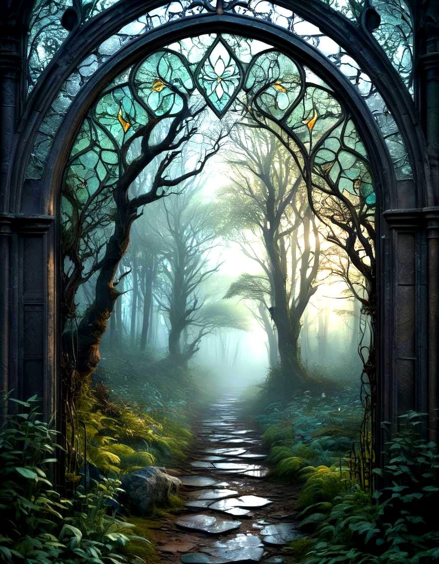 Stained Glass Window: Misty Forest Path