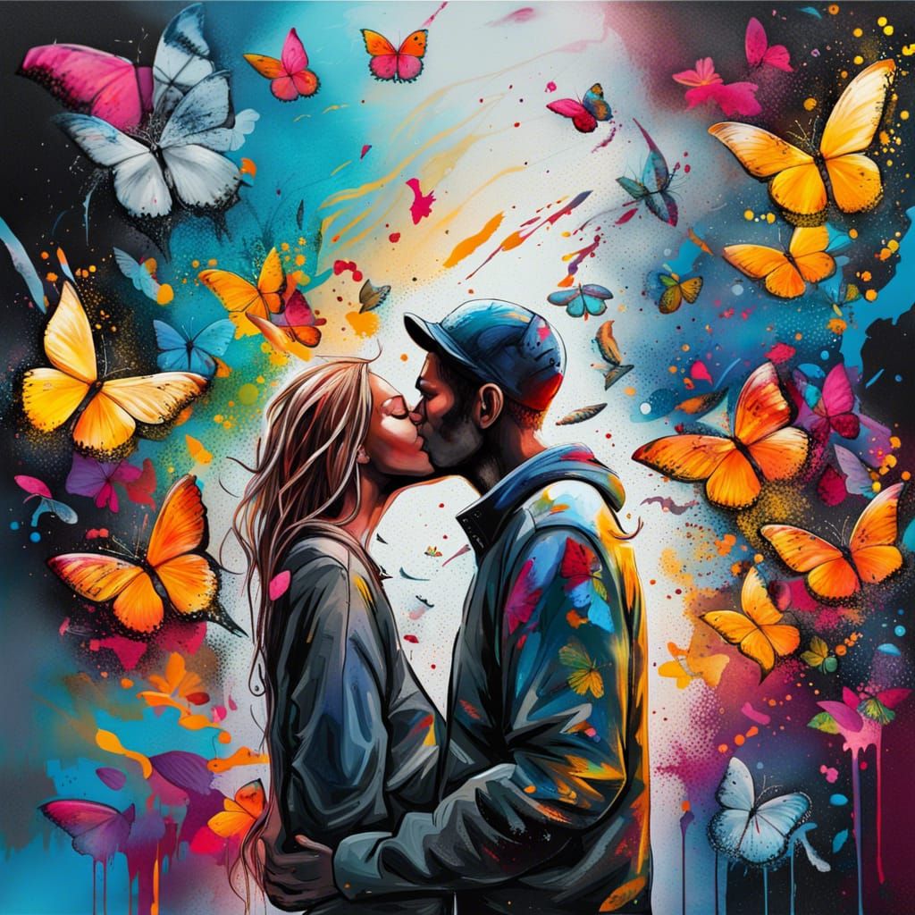 Kissing Angel in Flight of Butterflies: Graffiti Art