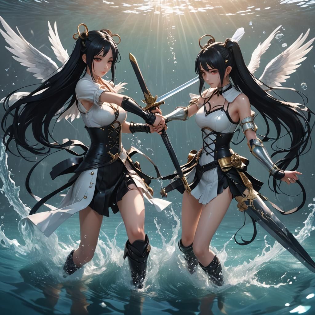 Anime Girl Fighting Angel Underwater in 3D