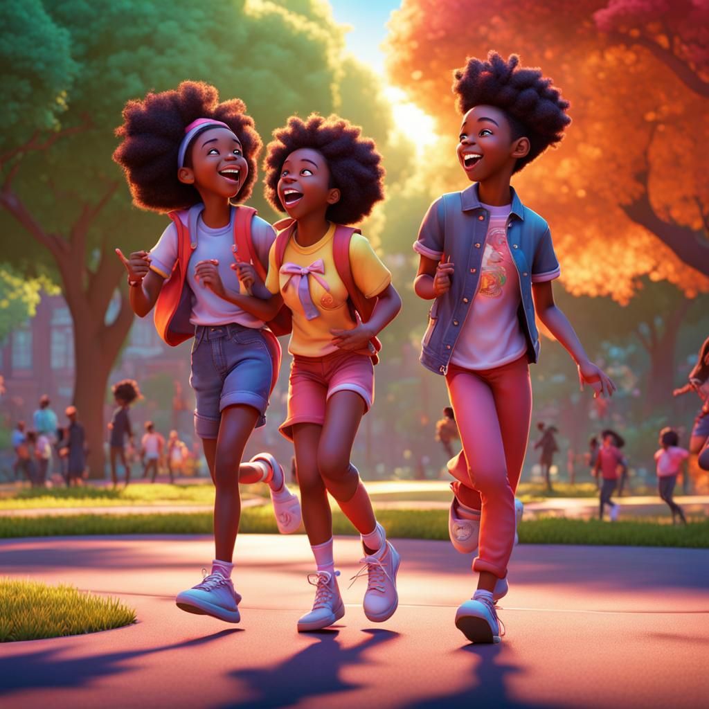 Black Adolescents Playing in Park: 3D Digital Art