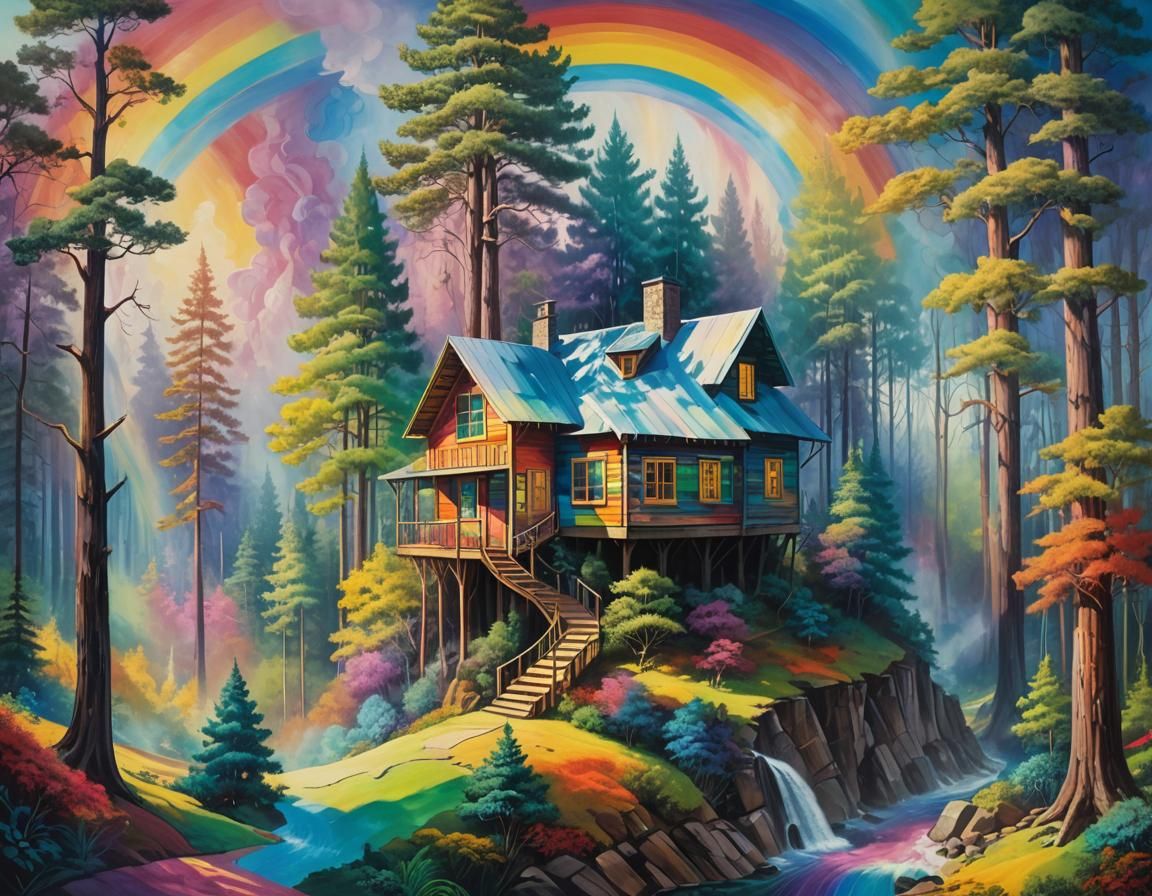 Rainbow Cabin in a Rainbow Forest: Surreal Fauvism