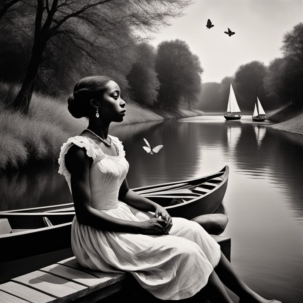 Elegant Black Woman Serenades by Majestic River in Op Art St...