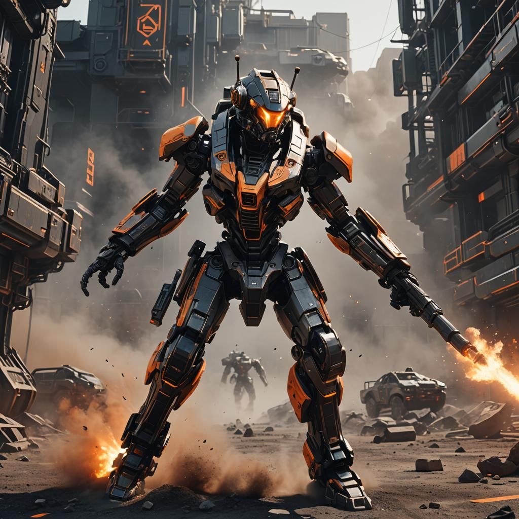 Futuristic Mech in Action: Dynamic Sci-Fi Scene