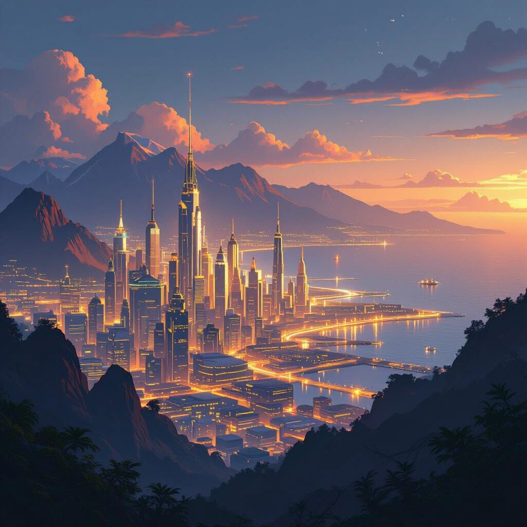 Cyberpunk City at Night in Fantasy Style