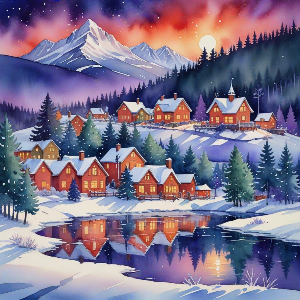 a watercolor Christmas landscape brimming with vibrant color...