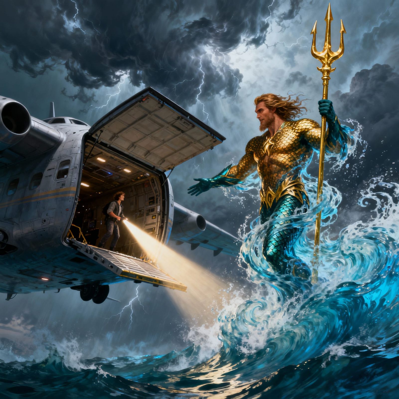 Aquaman Emerges From Water With Trident on Aircraft Bay