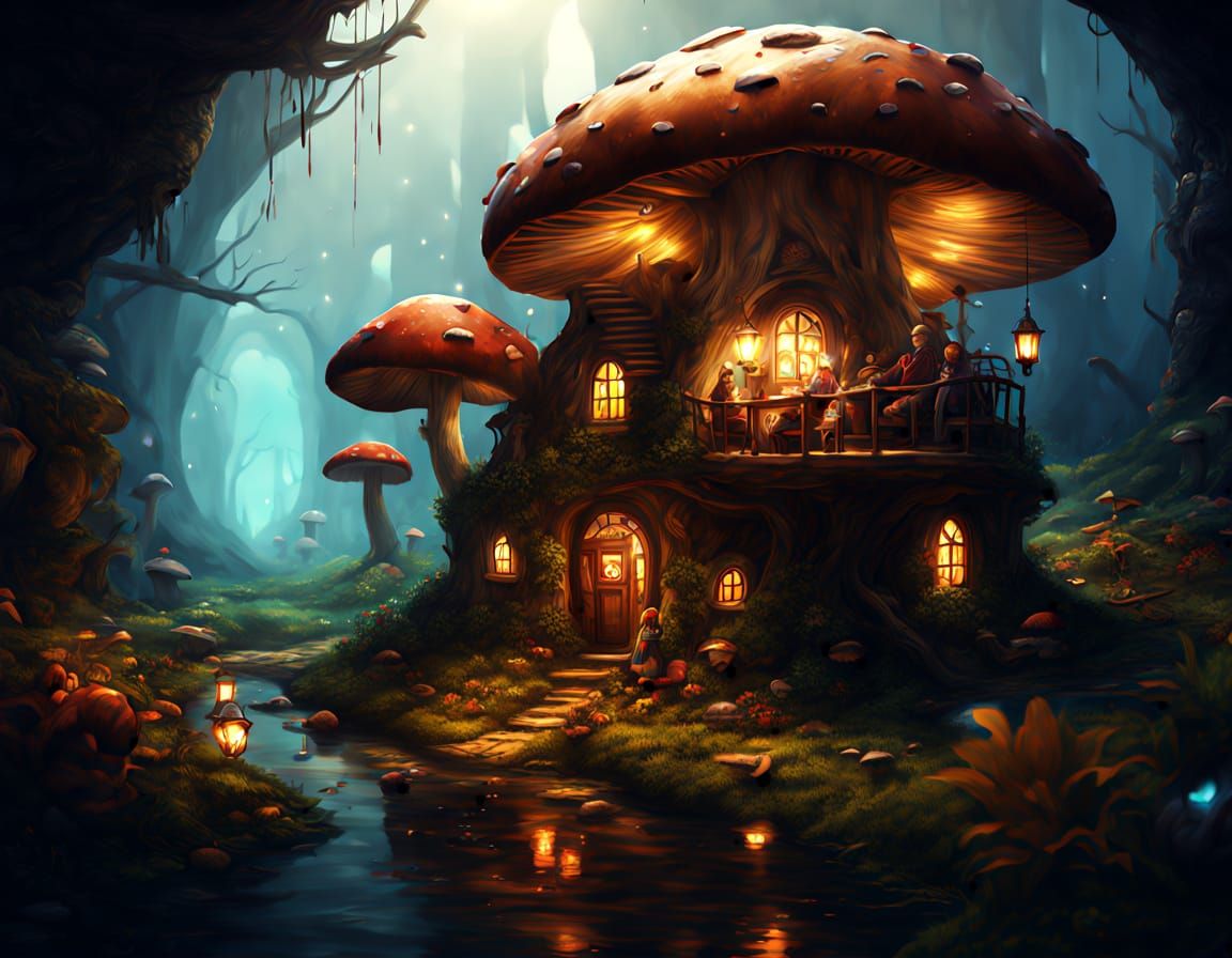 Mini Village Inside Mushroom, Hyperrealistic Concept Art