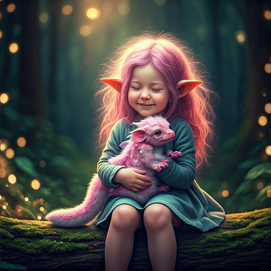 Fairy Girl with Dragon in Enchanted Forest